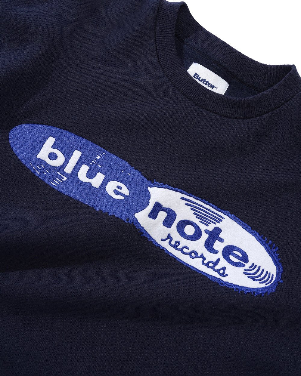 Blue Note x Butter Goods - Records Logo Felt Applique Crewneck Blue Detail